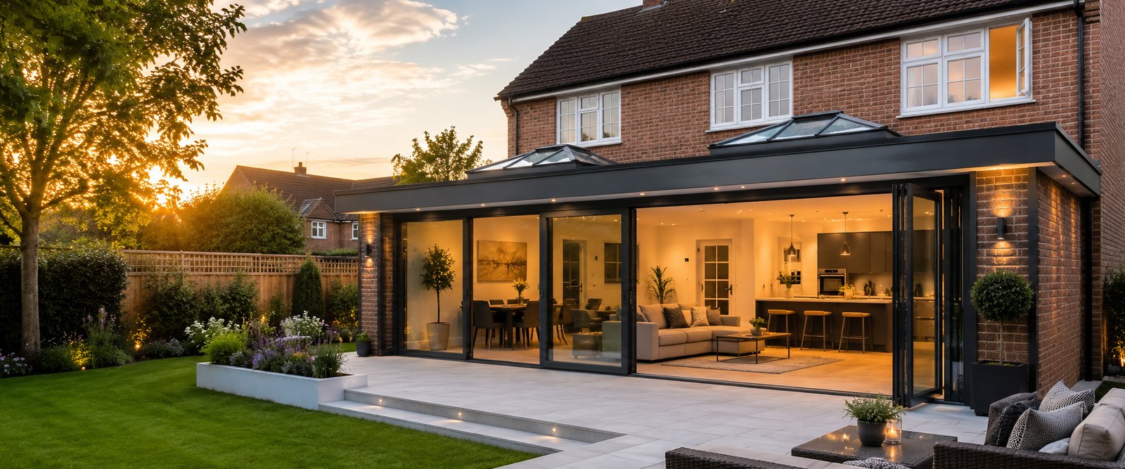 A finished rear home extension with bifold doors onto a landscaped garden