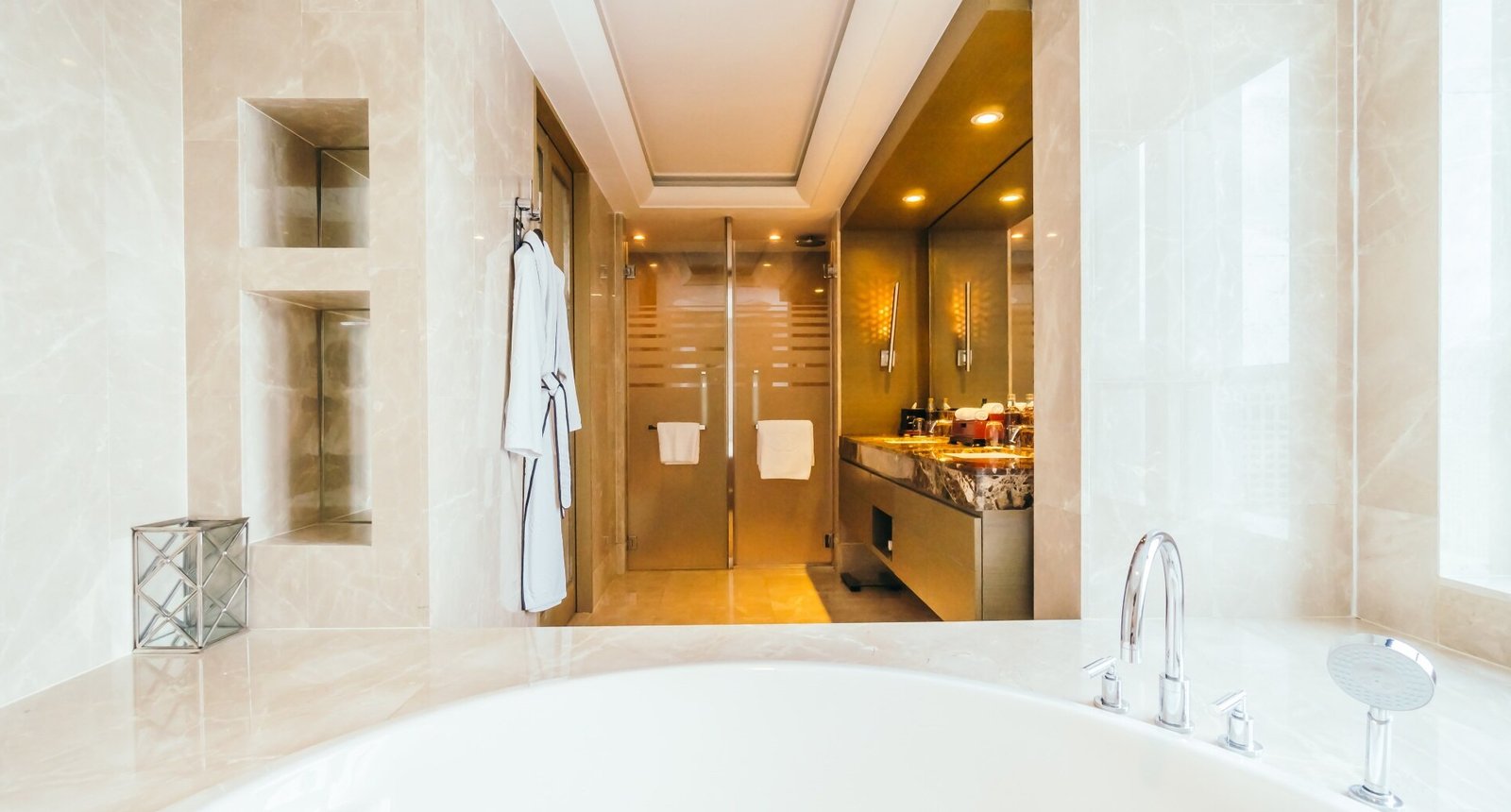 A finished, fully tiled bathroom